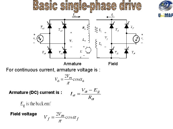 Armature For continuous current, armature voltage is : Armature (DC) current is : Field