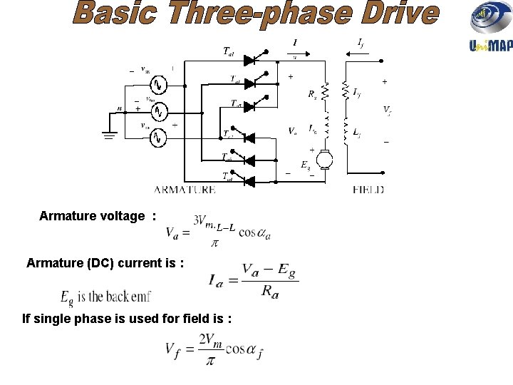 Armature voltage : Armature (DC) current is : If single phase is used for