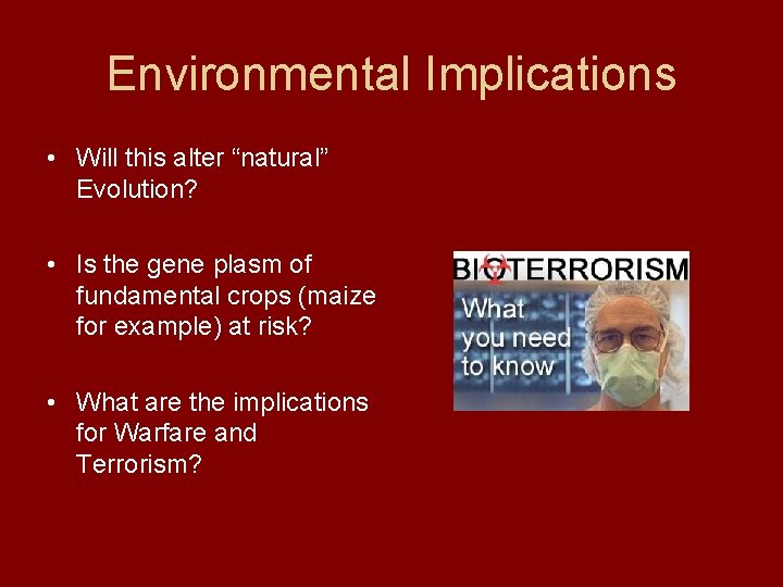 Environmental Implications • Will this alter “natural” Evolution? • Is the gene plasm of