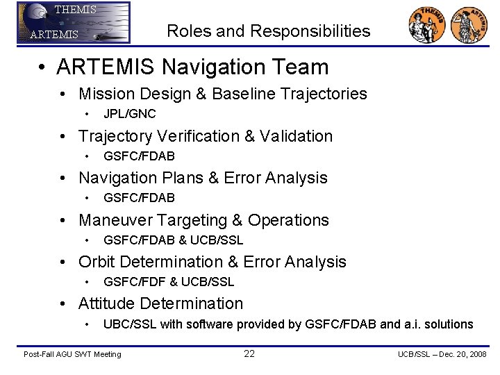 THEMIS Roles and Responsibilities ARTEMIS • ARTEMIS Navigation Team • Mission Design & Baseline