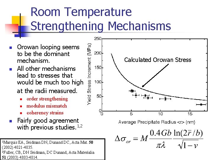 Room Temperature Strengthening Mechanisms n n Orowan looping seems to be the dominant mechanism.