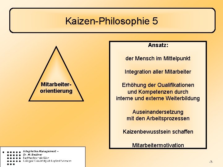 Kaizen-Philosophie 5 Ansatz: der Mensch im Mittelpunkt Integration aller Mitarbeiterorientierung Erhöhung der Qualifikationen und