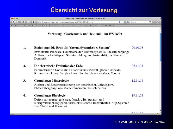 Übersicht zur Vorlesung VL Geodynamik & Tektonik, WS 0809 