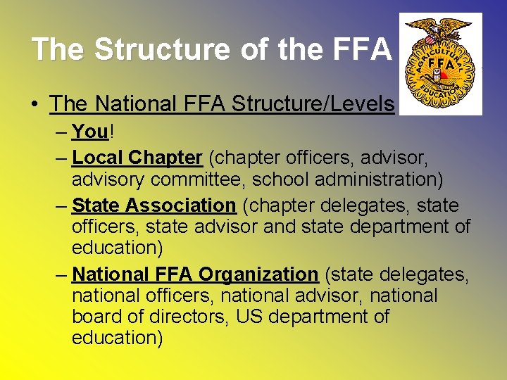 The Structure of the FFA • The National FFA Structure/Levels – You! – Local