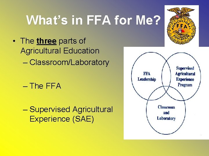 What’s in FFA for Me? • The three parts of Agricultural Education – Classroom/Laboratory