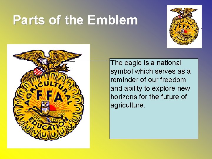 Parts of the Emblem The eagle is a national symbol which serves as a