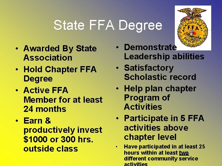 State FFA Degree • Awarded By State Association • Hold Chapter FFA Degree •