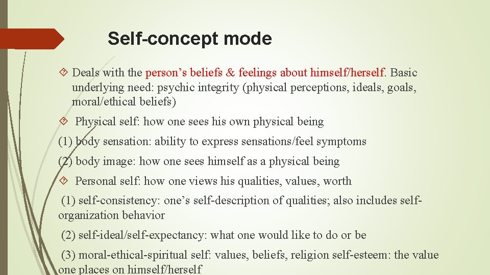 Self-concept mode Deals with the person’s beliefs & feelings about himself/herself. Basic underlying need: