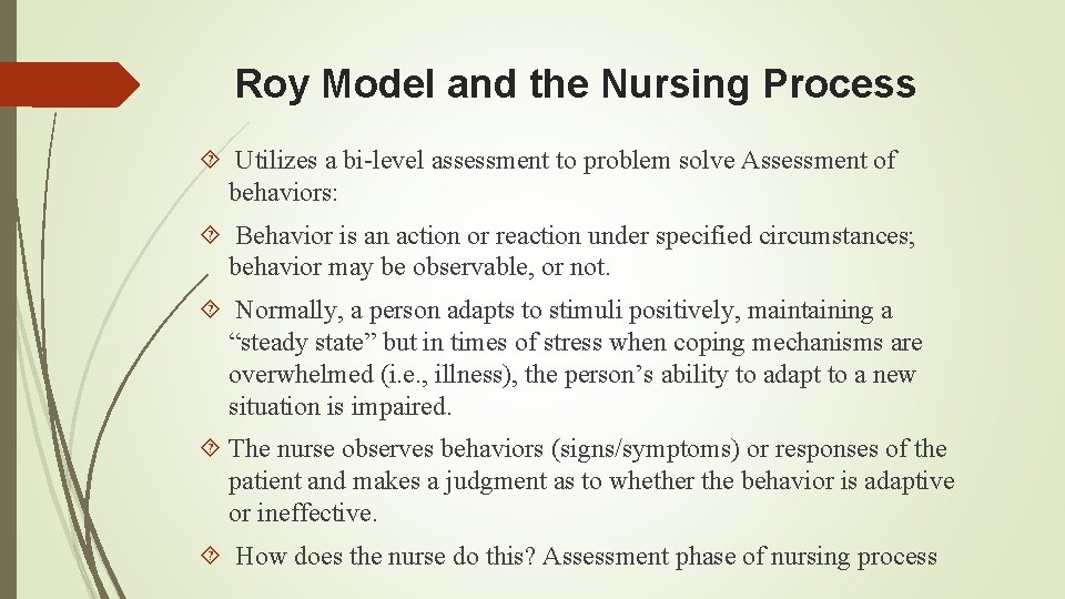 Roy Model and the Nursing Process Utilizes a bi-level assessment to problem solve Assessment