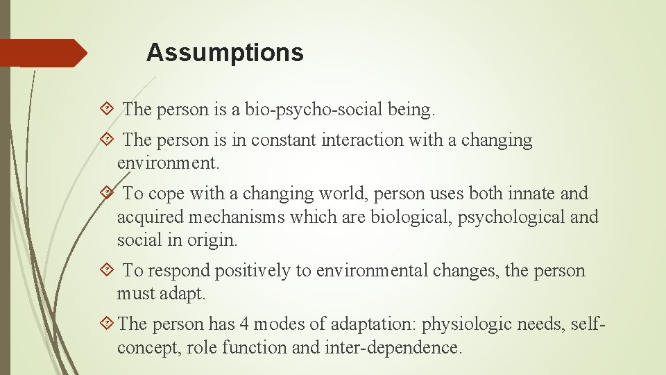 Assumptions The person is a bio-psycho-social being. The person is in constant interaction with