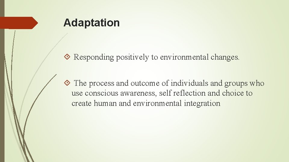 Adaptation Responding positively to environmental changes. The process and outcome of individuals and groups