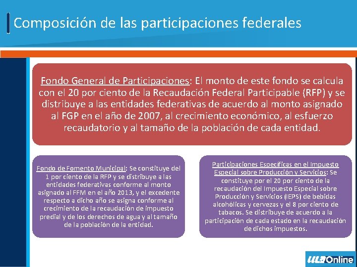 Composición de las participaciones federales Fondo General de Participaciones: El monto de este fondo