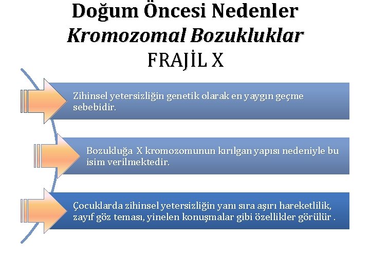 Doğum Öncesi Nedenler Kromozomal Bozukluklar FRAJİL X Zihinsel yetersizliğin genetik olarak en yaygın geçme