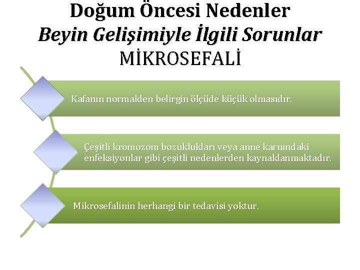 Doğum Öncesi Nedenler Beyin Gelişimiyle İlgili Sorunlar MİKROSEFALİ Kafanın normalden belirgin ölçüde küçük olmasıdır.