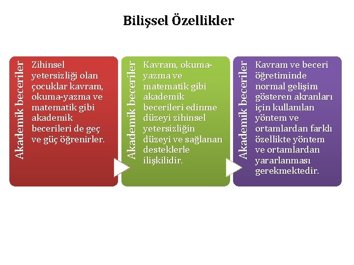 Kavram, okumayazma ve matematik gibi akademik becerileri edinme düzeyi zihinsel yetersizliğin düzeyi ve sağlanan