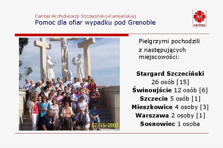 Caritas Archidiecezji Szczecińsko-Kamieńskiej Pomoc dla ofiar wypadku pod Grenoble Pielgrzymi pochodzili z następujących miejscowości: