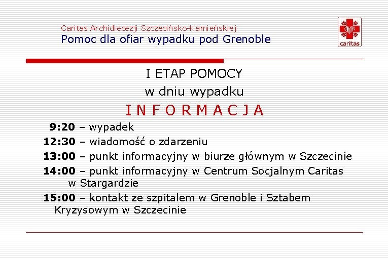 Caritas Archidiecezji Szczecińsko-Kamieńskiej Pomoc dla ofiar wypadku pod Grenoble I ETAP POMOCY w dniu