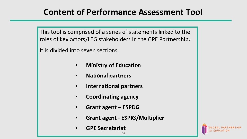 Content of Performance Assessment Tool This tool is comprised of a series of statements