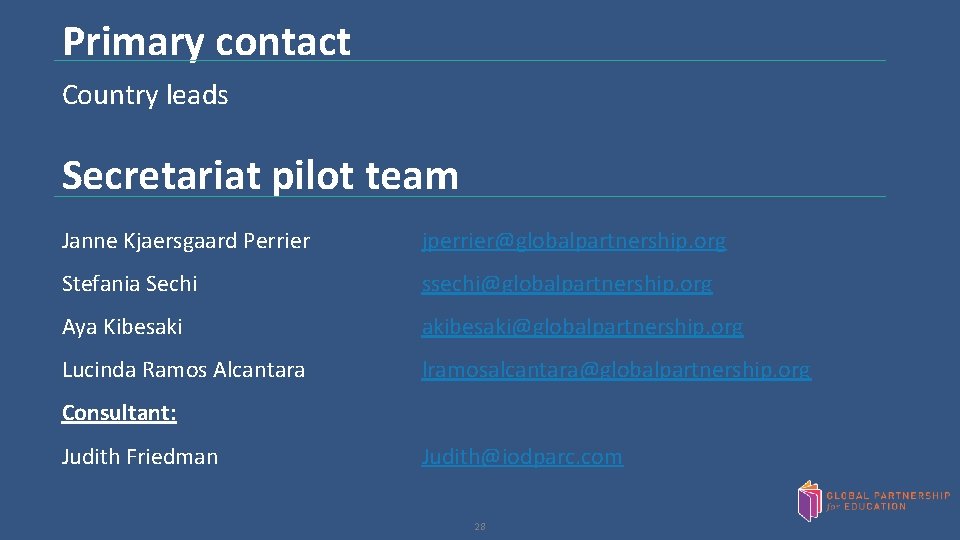 Primary contact Country leads Secretariat pilot team Janne Kjaersgaard Perrier jperrier@globalpartnership. org Stefania Sechi