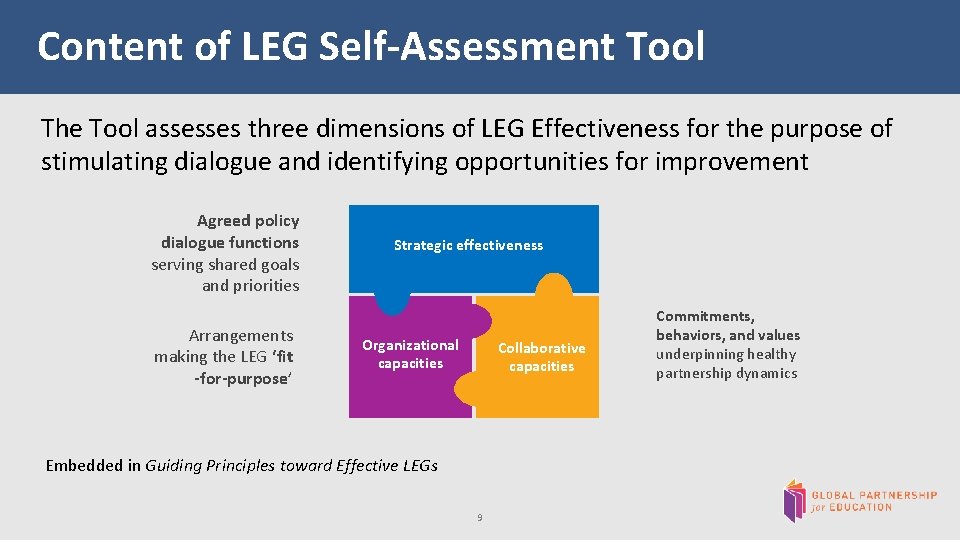  Content of LEG Self-Assessment Tool The Tool assesses three dimensions of LEG Effectiveness