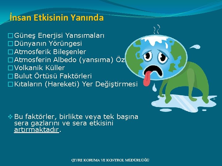 İnsan Etkisinin Yanında �Güneş Enerjisi Yansımaları �Dünyanın Yörüngesi �Atmosferik Bileşenler �Atmosferin Albedo (yansıma) Özellikleri