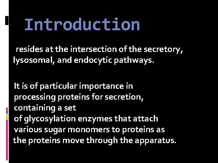 Introduction resides at the intersection of the secretory, lysosomal, and endocytic pathways. It is