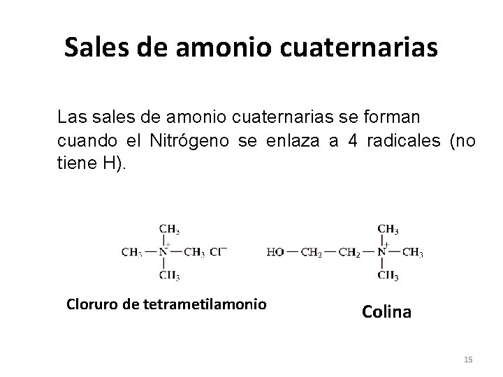 Sales de amonio cuaternarias Las sales de amonio cuaternarias se forman cuando el Nitrógeno