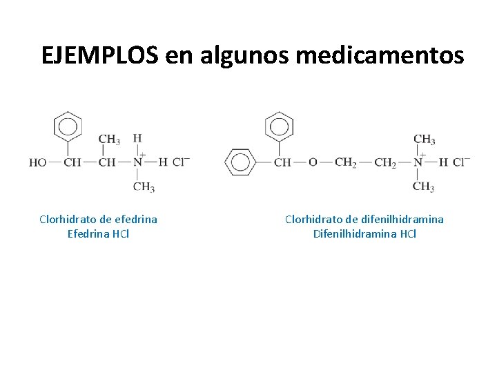 EJEMPLOS en algunos medicamentos Clorhidrato de efedrina Efedrina HCl Clorhidrato de difenilhidramina Difenilhidramina HCl