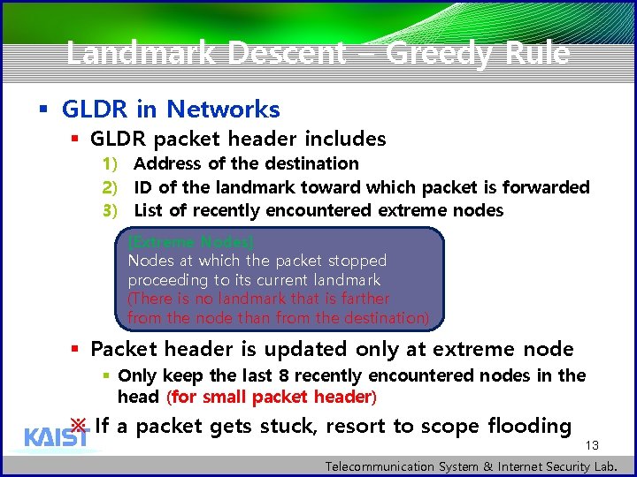 Landmark Descent – Greedy Rule § GLDR in Networks § GLDR packet header includes