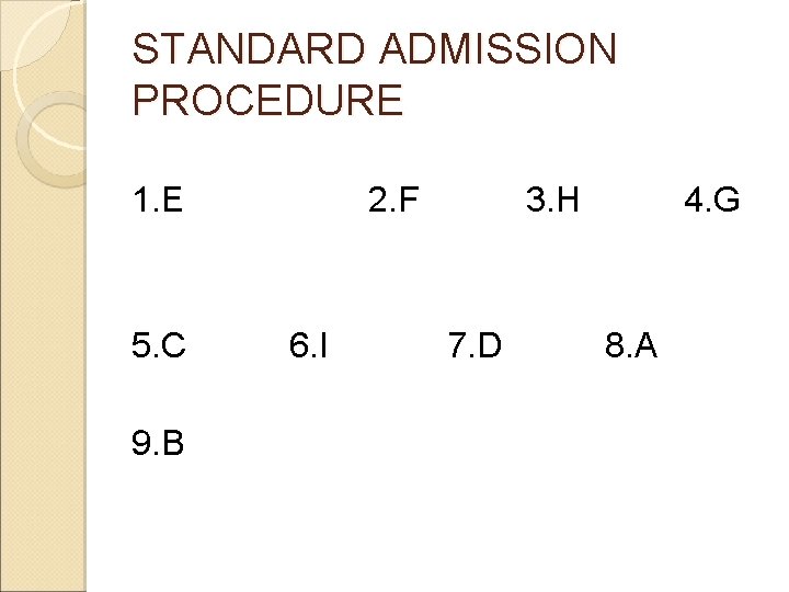 STANDARD ADMISSION PROCEDURE 1. E 5. C 9. B 2. F 6. I 3.