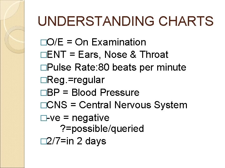 UNDERSTANDING CHARTS �O/E = On Examination �ENT = Ears, Nose & Throat �Pulse Rate: