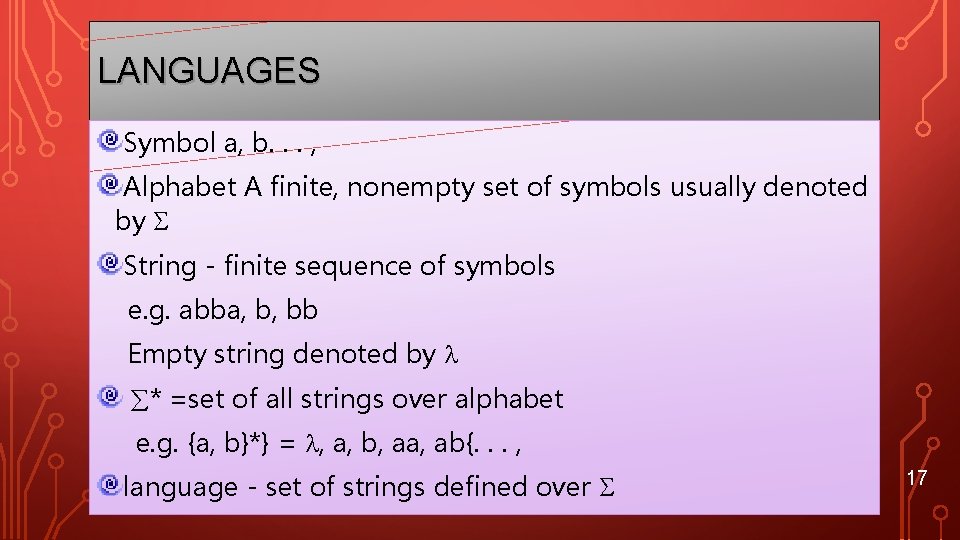 LANGUAGES Symbol a, b. . . , Alphabet A finite, nonempty set of symbols