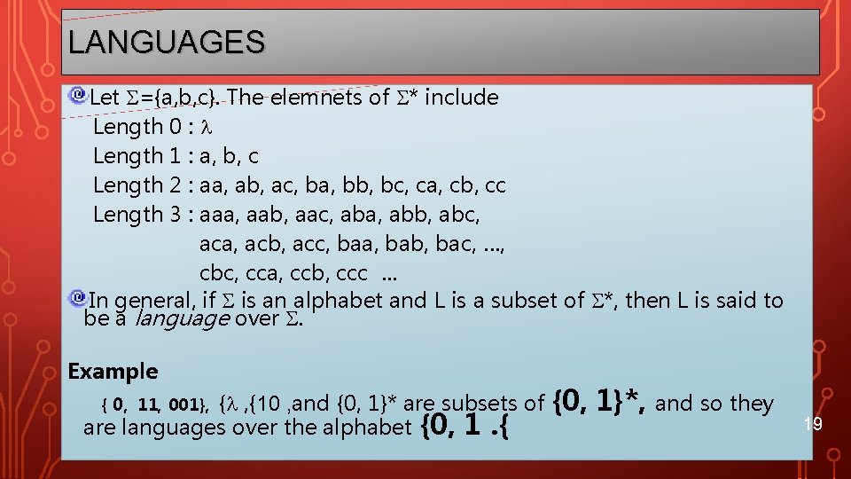 LANGUAGES Let ={a, b, c}. The elemnets of * include Length 0 : Length