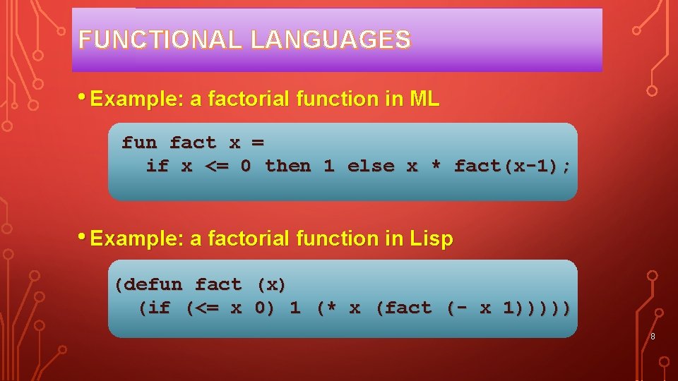 FUNCTIONAL LANGUAGES • Example: a factorial function in ML fun fact x = if