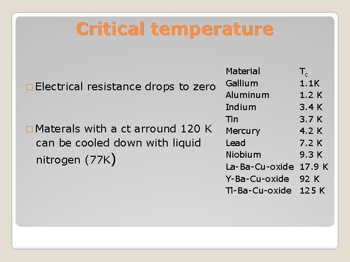 Critical temperature � Electrical resistance drops to zero � Materals with a ct arround