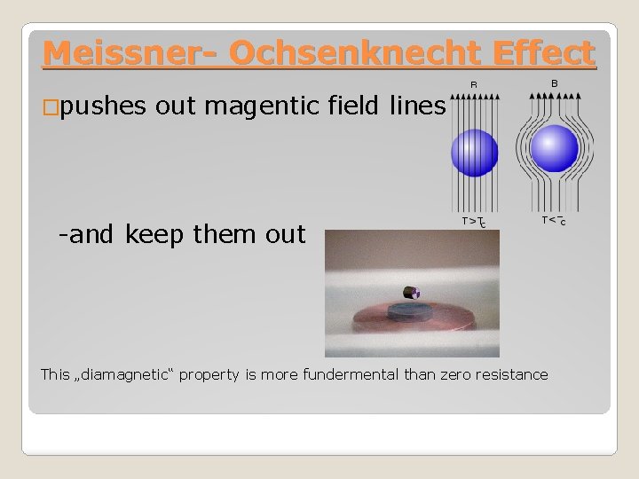 Meissner- Ochsenknecht Effect �pushes out magentic field lines -and keep them out This „diamagnetic“