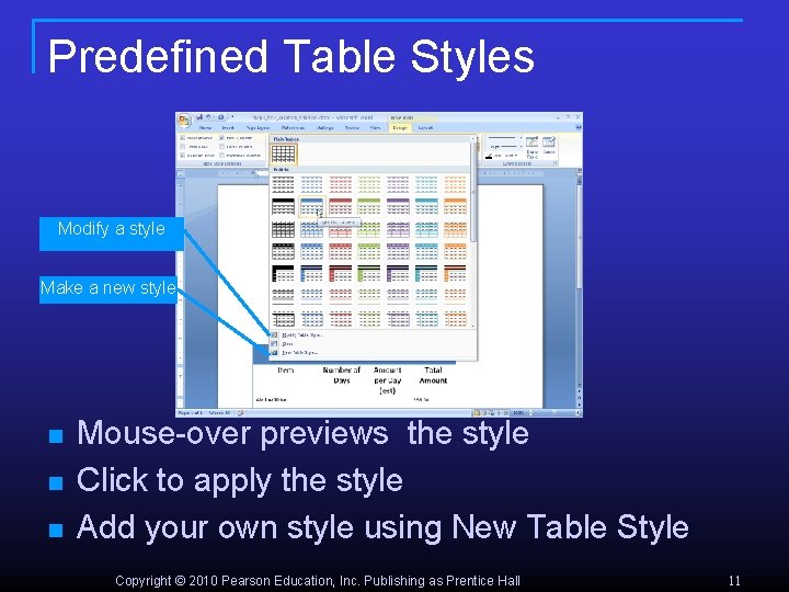 Predefined Table Styles Modify a style Make a new style n n n Mouse-over