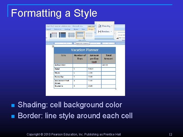 Formatting a Style n n Shading: cell background color Border: line style around each