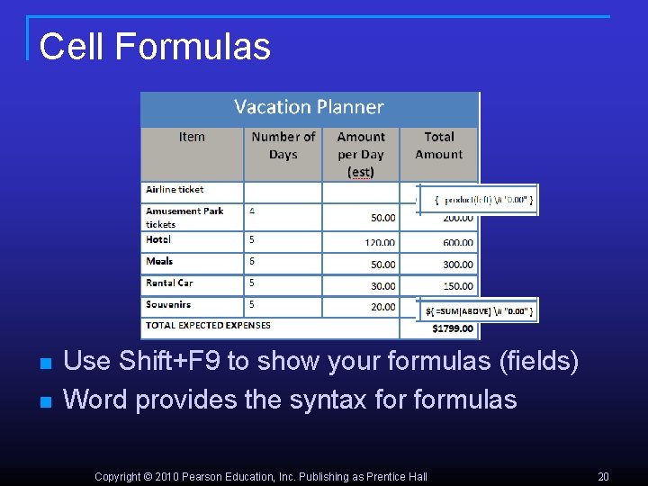 Cell Formulas n n Use Shift+F 9 to show your formulas (fields) Word provides