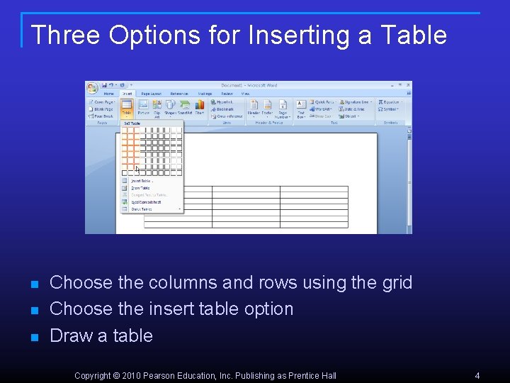 Three Options for Inserting a Table n n n Choose the columns and rows