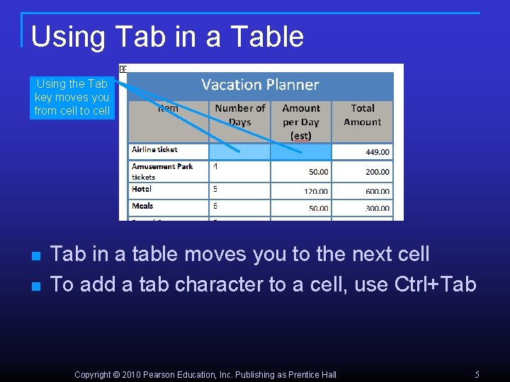 Using Tab in a Table Using the Tab key moves you from cell to