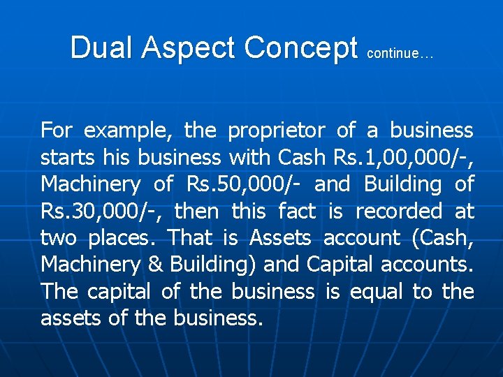 Dual Aspect Concept continue… For example, the proprietor of a business starts his business