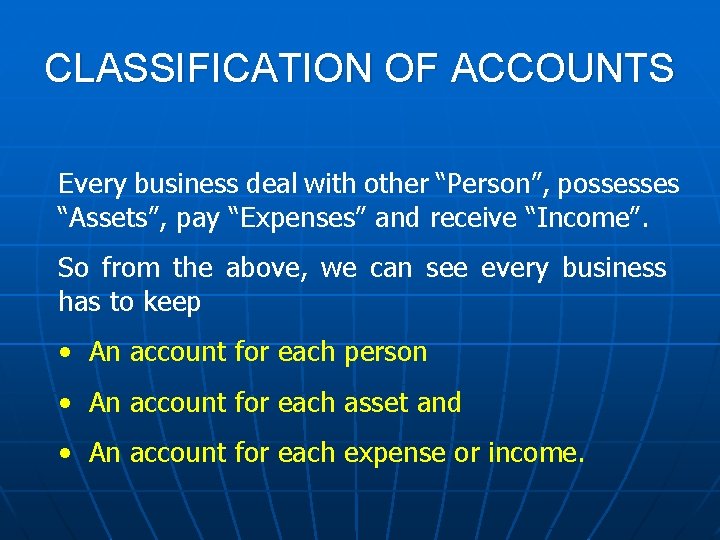 CLASSIFICATION OF ACCOUNTS Every business deal with other “Person”, possesses “Assets”, pay “Expenses” and
