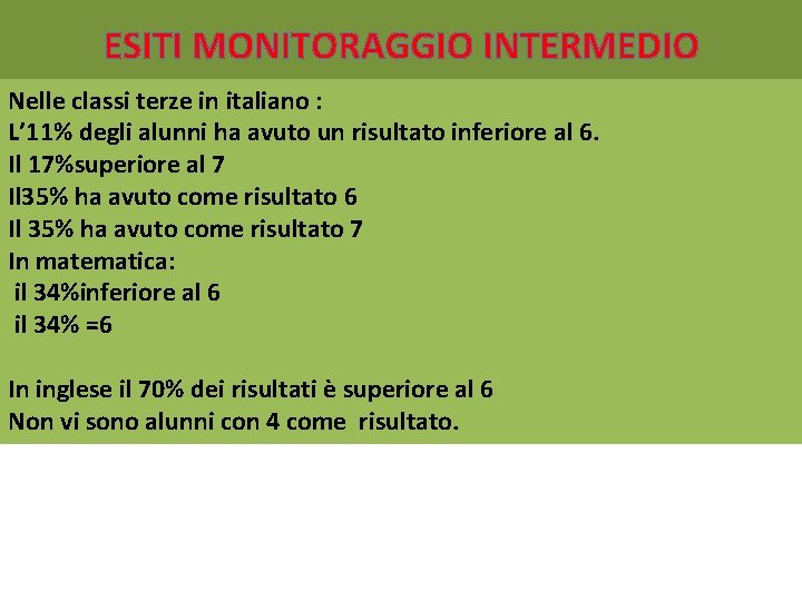 ESITI MONITORAGGIO INTERMEDIO Nelle classi terze in italiano : L’ 11% degli alunni ha