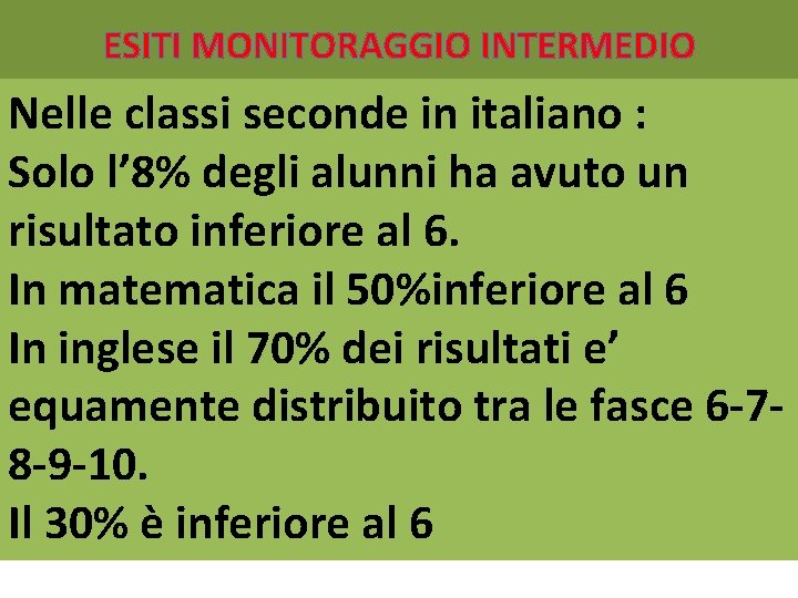 ESITI MONITORAGGIO INTERMEDIO Nelle classi seconde in italiano : Solo l’ 8% degli alunni