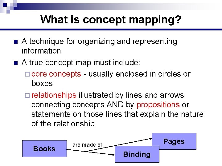 What is concept mapping? n n A technique for organizing and representing information A