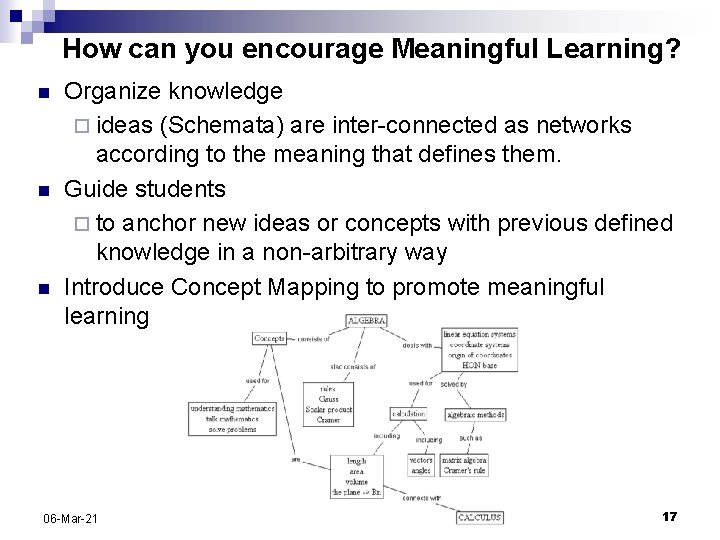 How can you encourage Meaningful Learning? n n n Organize knowledge ¨ ideas (Schemata)