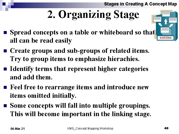 Stages in Creating A Concept Map 2. Organizing Stage n n n Spread concepts