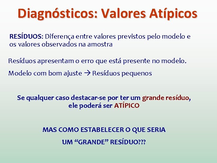 Diagnósticos: Valores Atípicos RESÍDUOS: Diferença entre valores previstos pelo modelo e os valores observados