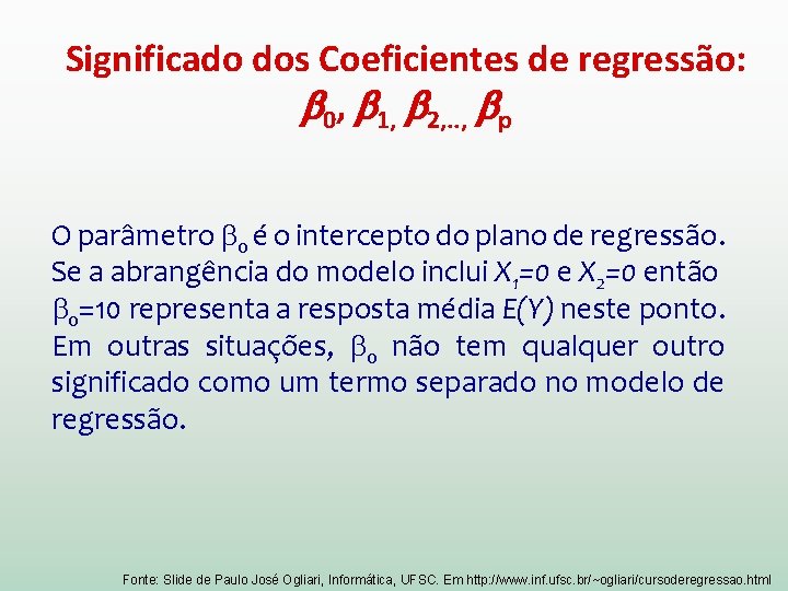 Significado dos Coeficientes de regressão: 0, 1, 2, . . , p O parâmetro